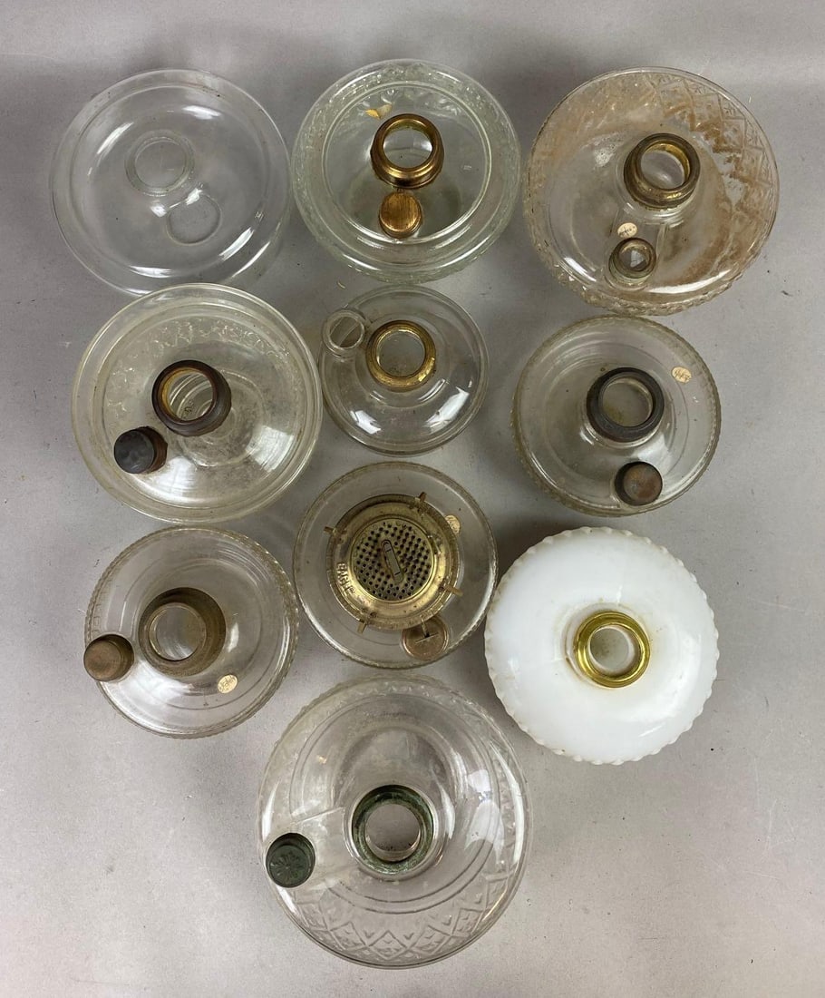 Group of 10 Vintage Hurricane Oil Lamps Founts: For parts. Some missing components. Largest measure 6 inches in diameter.