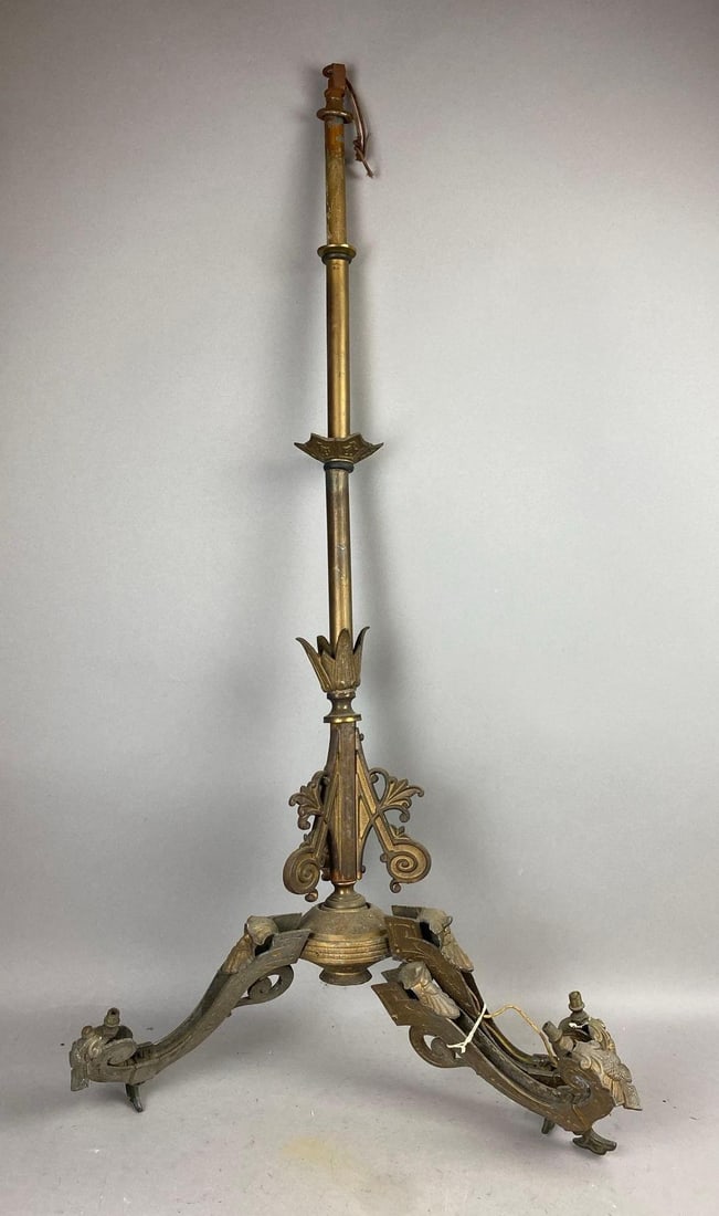 Antique 1900s Bronze-Toned Hanging Gas Lamp: For parts or restoration. Measures 38 inches tall.