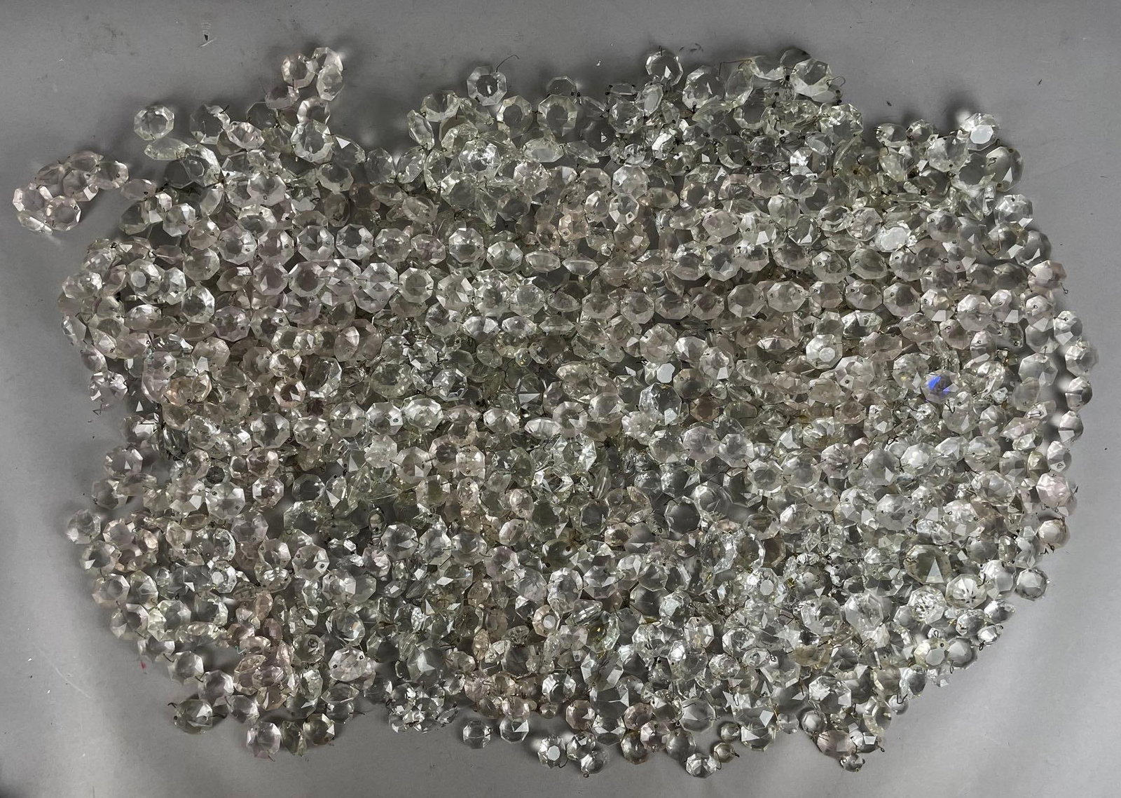 Group of Antique Lamp Crystals: Includes strands, longest measures 42 inches , largest crystal measures 1 1/4 inches