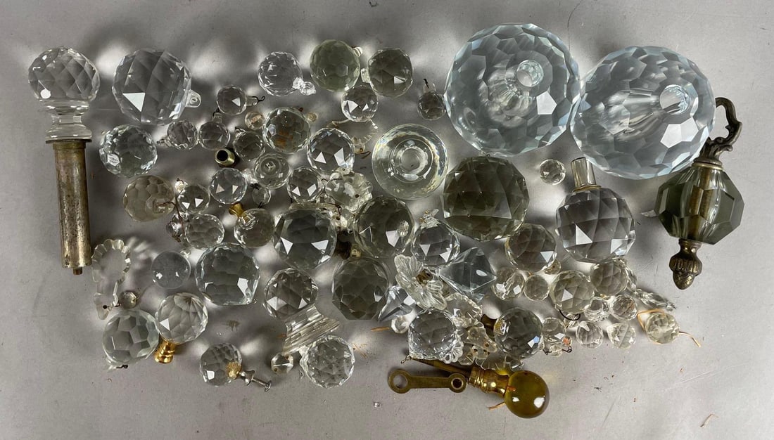 Group of Antique Lamp Crystals and Parts: Lamp base balls measure 4 inches