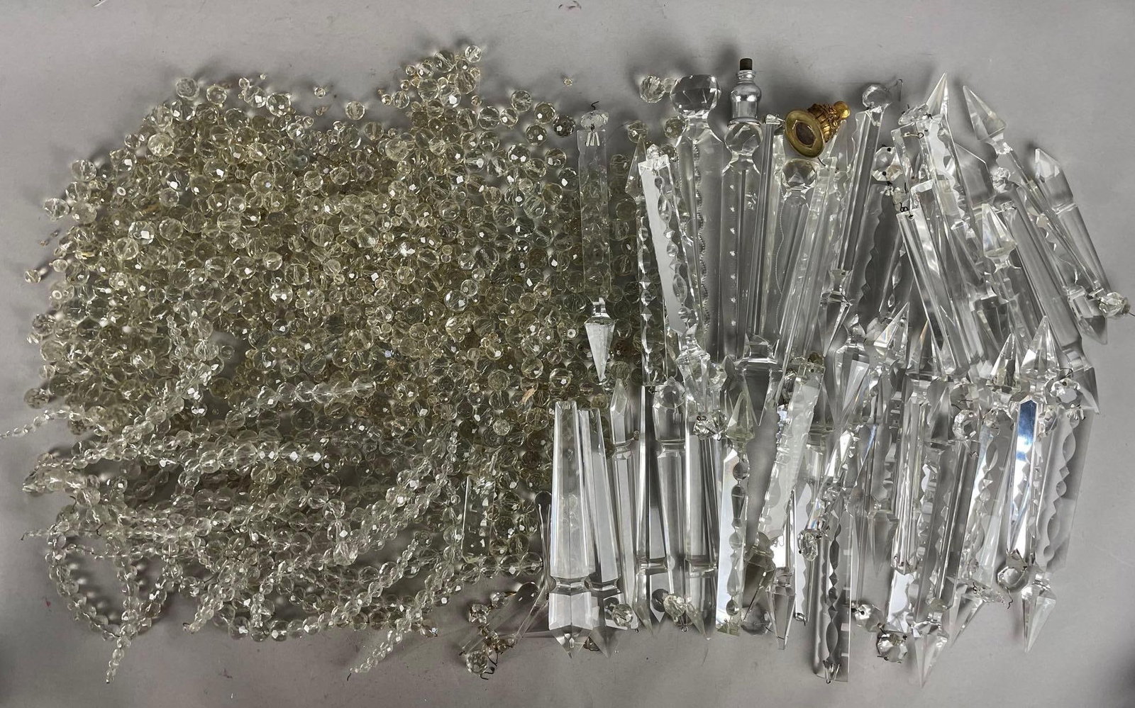 Group of Antique Lamp Crystals: Includes beads, strands, longest spear measures 9 inches
