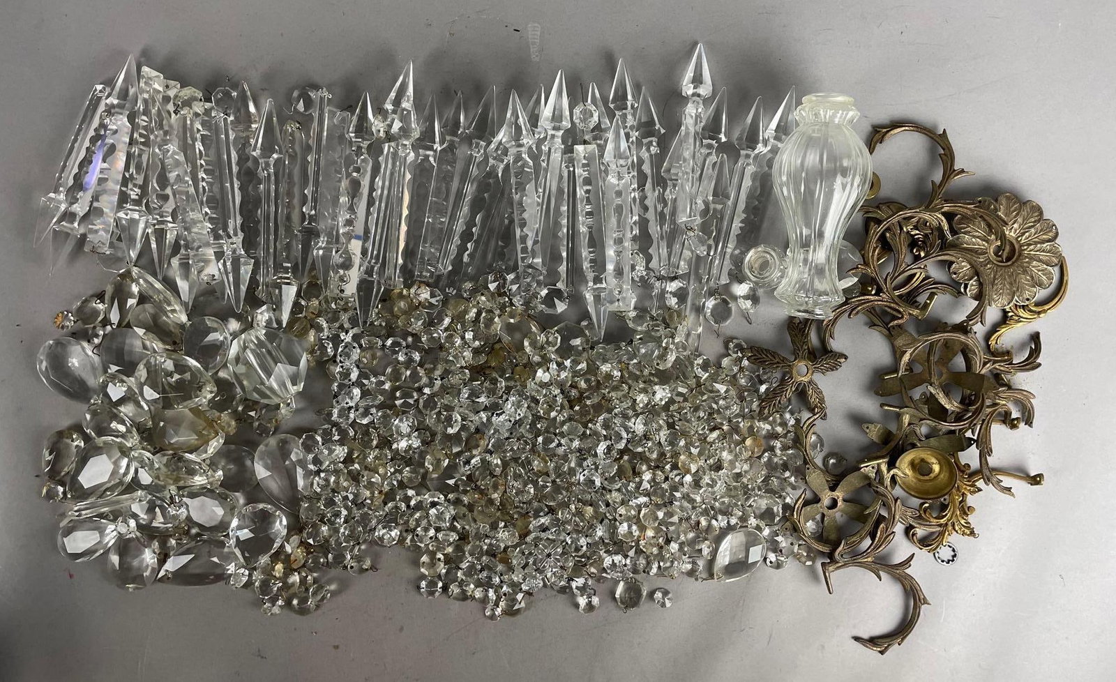 Group of Antique Lamp Crystals and Brass Parts: Includes strands, teardrops, longest spear measures 7 1/4 inches