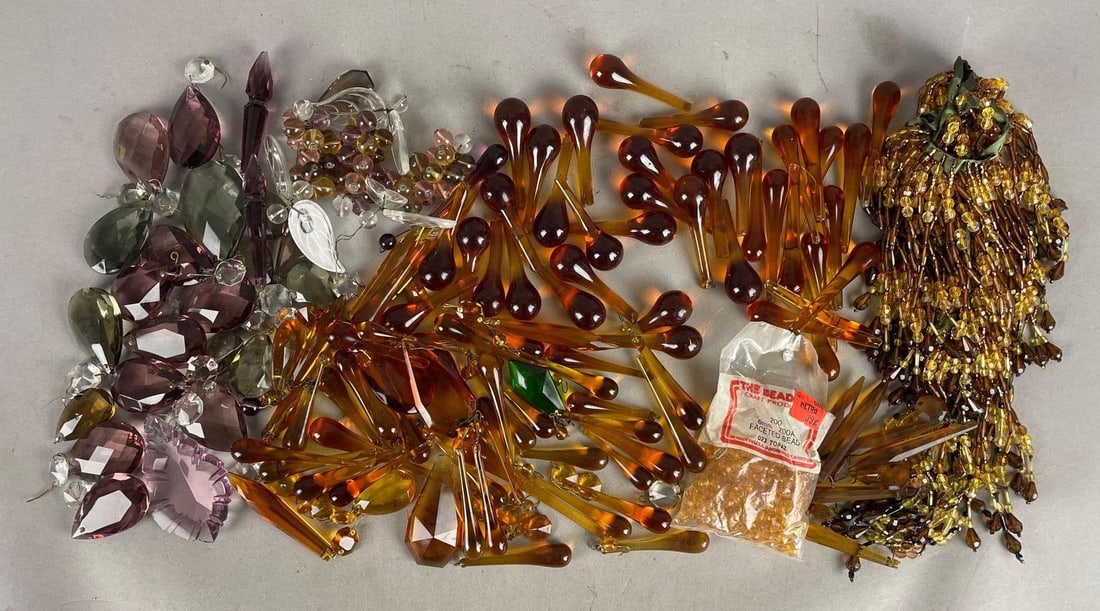 Group of Antique Amber Glass Lamp Crystals and More: Includes beads, drops, purple spears