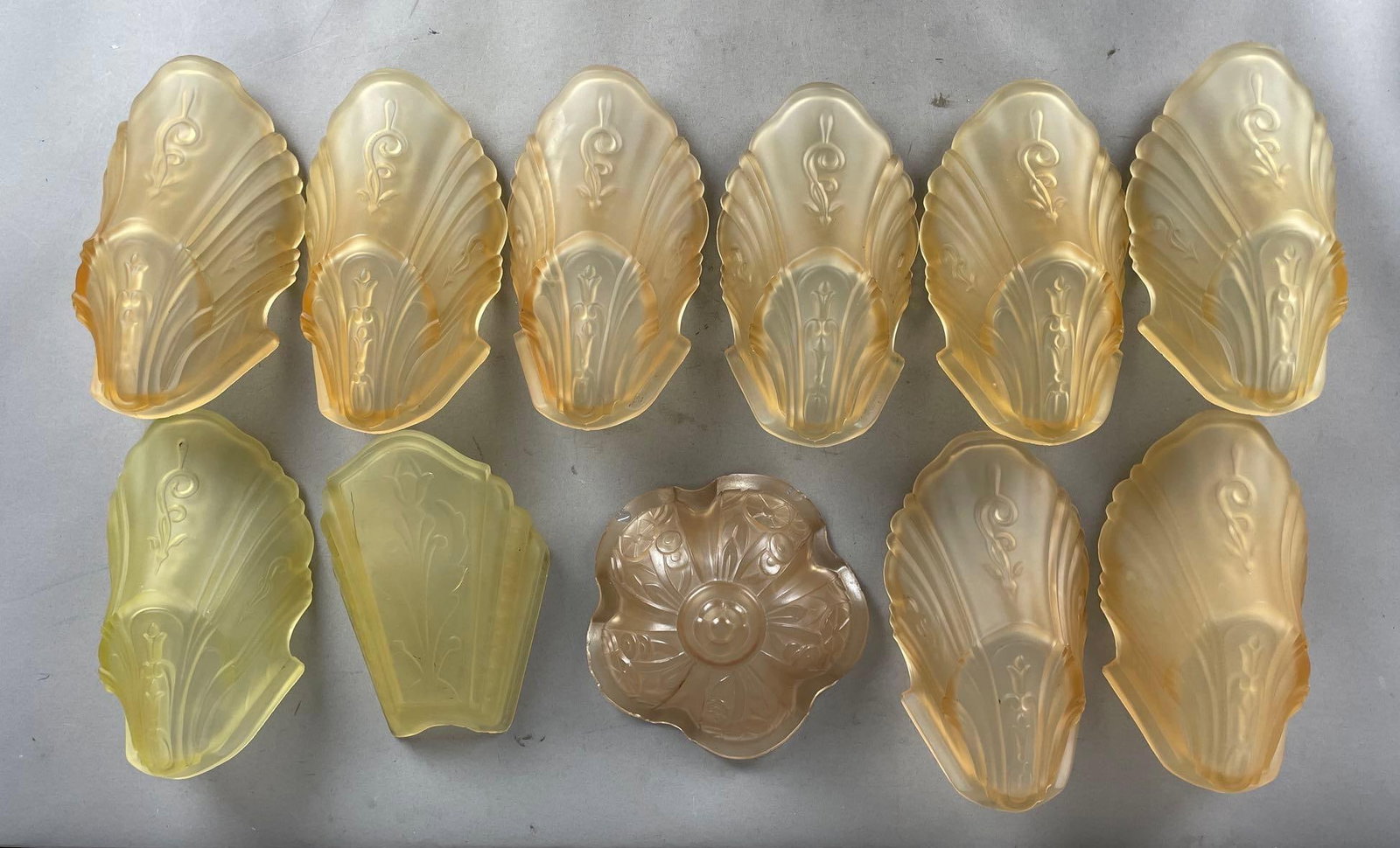 Group of Art Deco Amber Frosted Glass Slip Shades: Most measure 8 1/4 inches x 4 1/2 inches x 3 1/4 inches