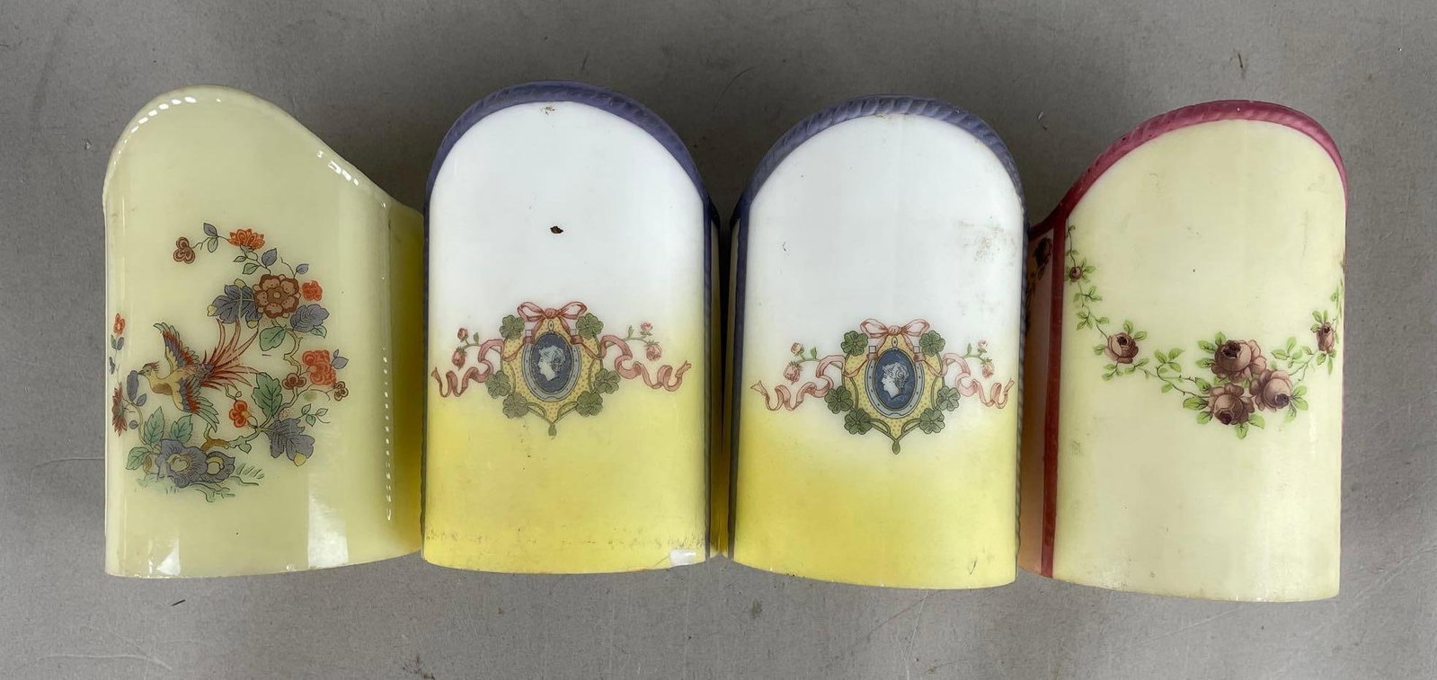 Group of 4 Antique Painted Glass Slip Shades: Each measure 5 inches x 3 1/4 inches x 3 inches