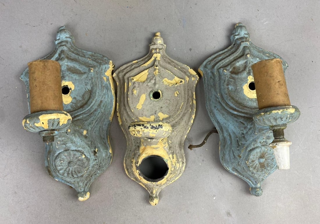 Group of 3 Antique 1920s Art Nouveau Faux Candle Electric Wall Sconce: Paint flakes throughout. Will need to be rewired.