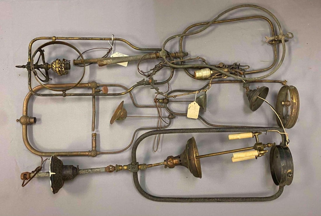 Group of Assorted Antique 1880s Victorian Hanging Gas Lamps Parts: Missing hardware or pieces. Largest measures 22 inches tall.