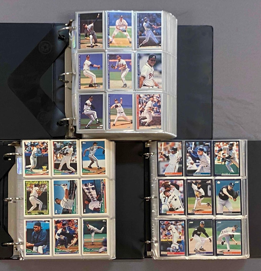 1993-1994 Fleer/Topps/Score Baseball Trading Cards Complete Sets: Includes 1993 and 1994 fleer sets, 94 score set and 94 topps set, largest album measures 12 inches H x 11 1/2 inches W