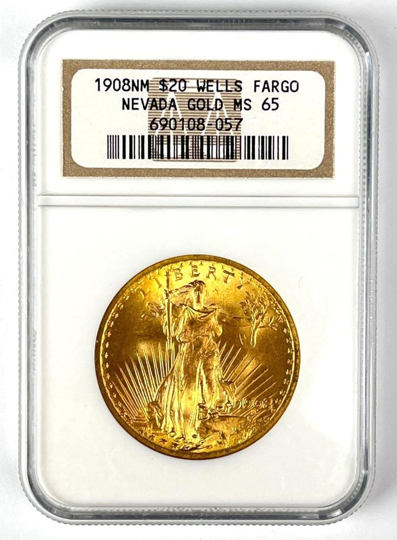 1908 NM Wells Fargo US $20 St Gaudens Nevada Gold Coin NCG MS65: 1908 NM Wells Fargo US $20 St Gaudens Nevada Gold Coin NCG MS65