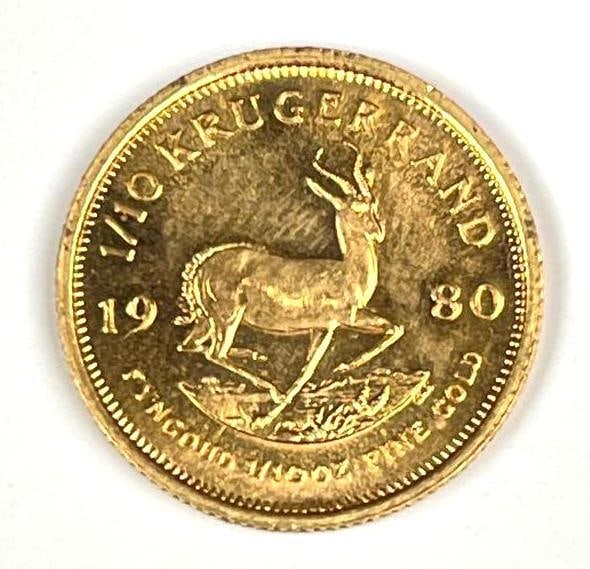 1980 South Africa Krugerrand 1/10 oz Fine Gold Coin: 1980 South Africa Krugerrand 1/10 oz Fine Gold Coin