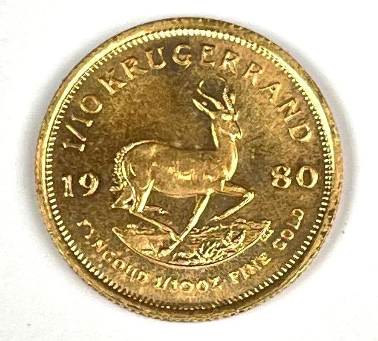 1980 South Africa Krugerrand 1/10 oz Fine Gold Coin: 1980 South Africa Krugerrand 1/10 oz Fine Gold Coin