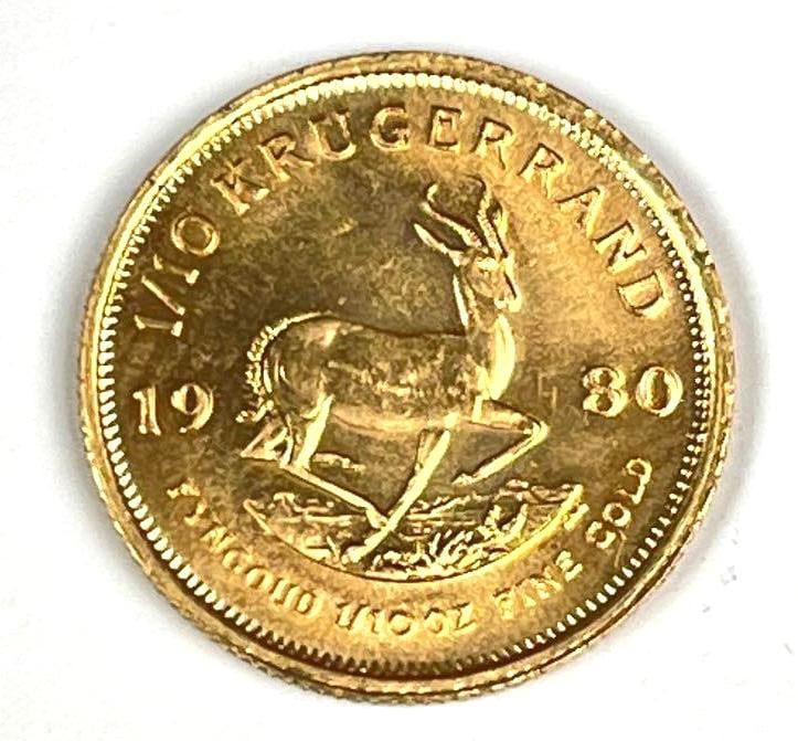 1980 South Africa Krugerrand 1/10 oz Fine Gold Coin: 1980 South Africa Krugerrand 1/10 oz Fine Gold Coin