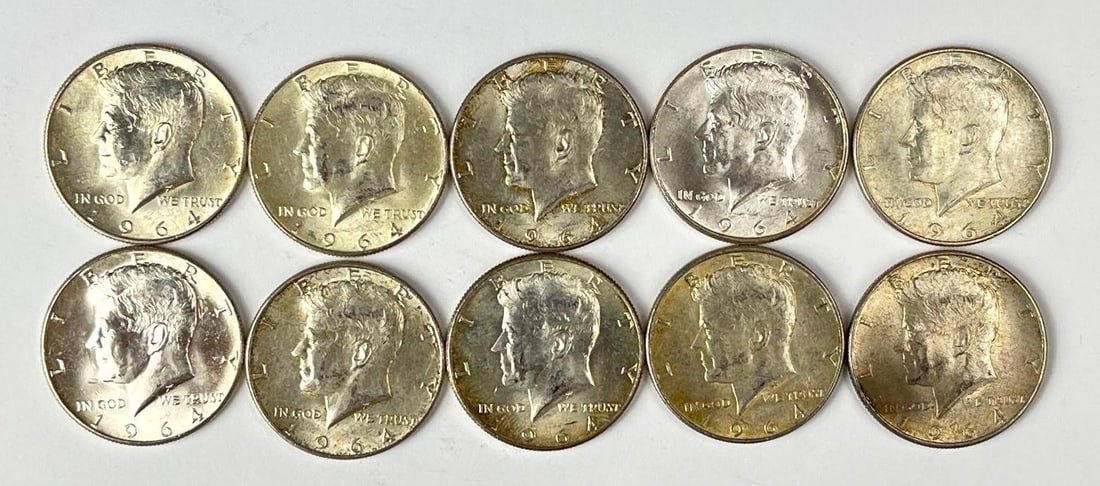 Group of 10 1964 US Kennedy 90% Silver Half Dollars: Group of 10 1964 US Kennedy 90% Silver Half Dollars