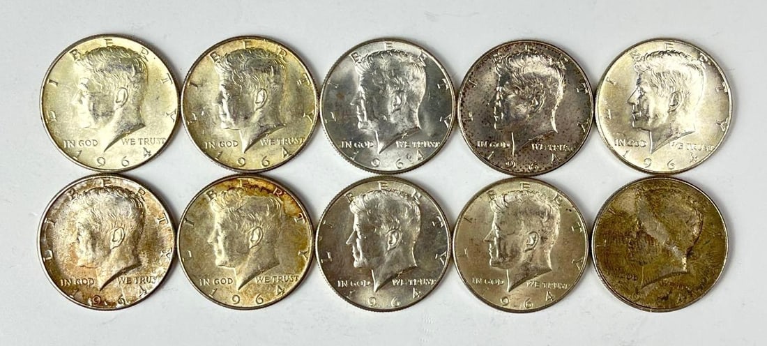 Groupnof 10 1964 US Kennedy 90% Silver Half Dollars: Groupnof 10 1964 US Kennedy 90% Silver Half Dollars