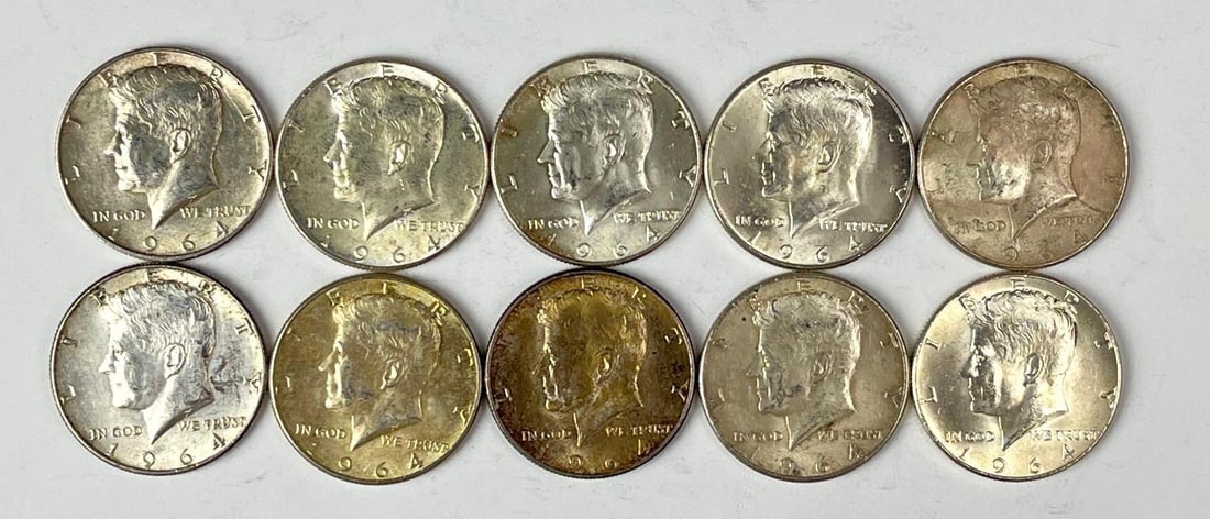 Groupnof 10 1964 US Kennedy 90% Silver Half Dollars: Groupnof 10 1964 US Kennedy 90% Silver Half Dollars