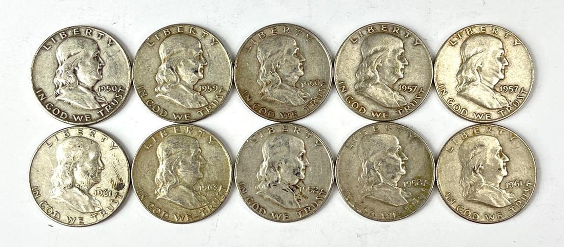 Group of 10 US Franklin 90% Silver Half Dollars: Includes years 1957, 1950, 1959 and more.