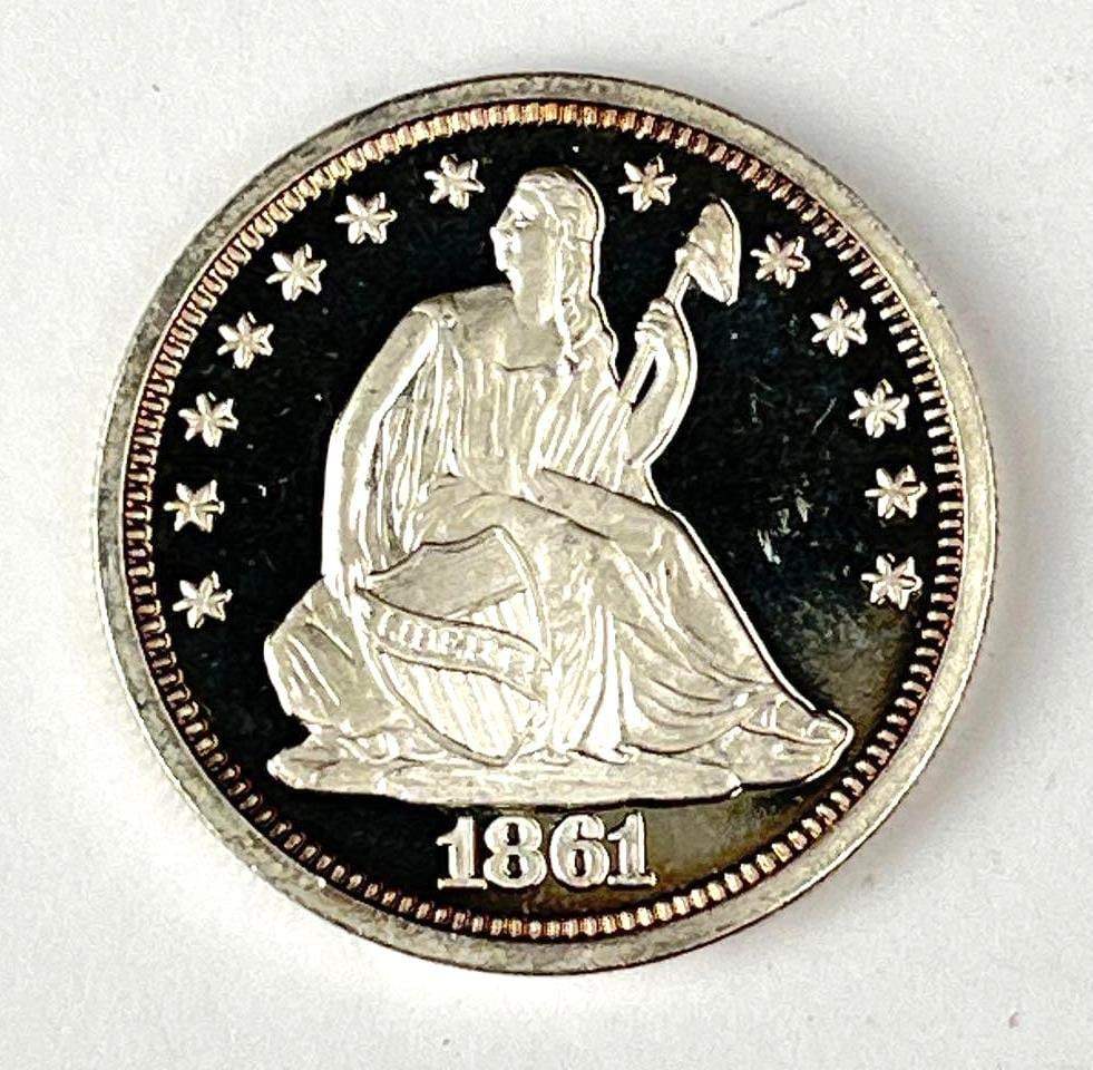 1861 Seated Liberty Design 1/2 oz 999 Silver Round: 1861 Seated Liberty Design 1/2 oz 999 Silver Round