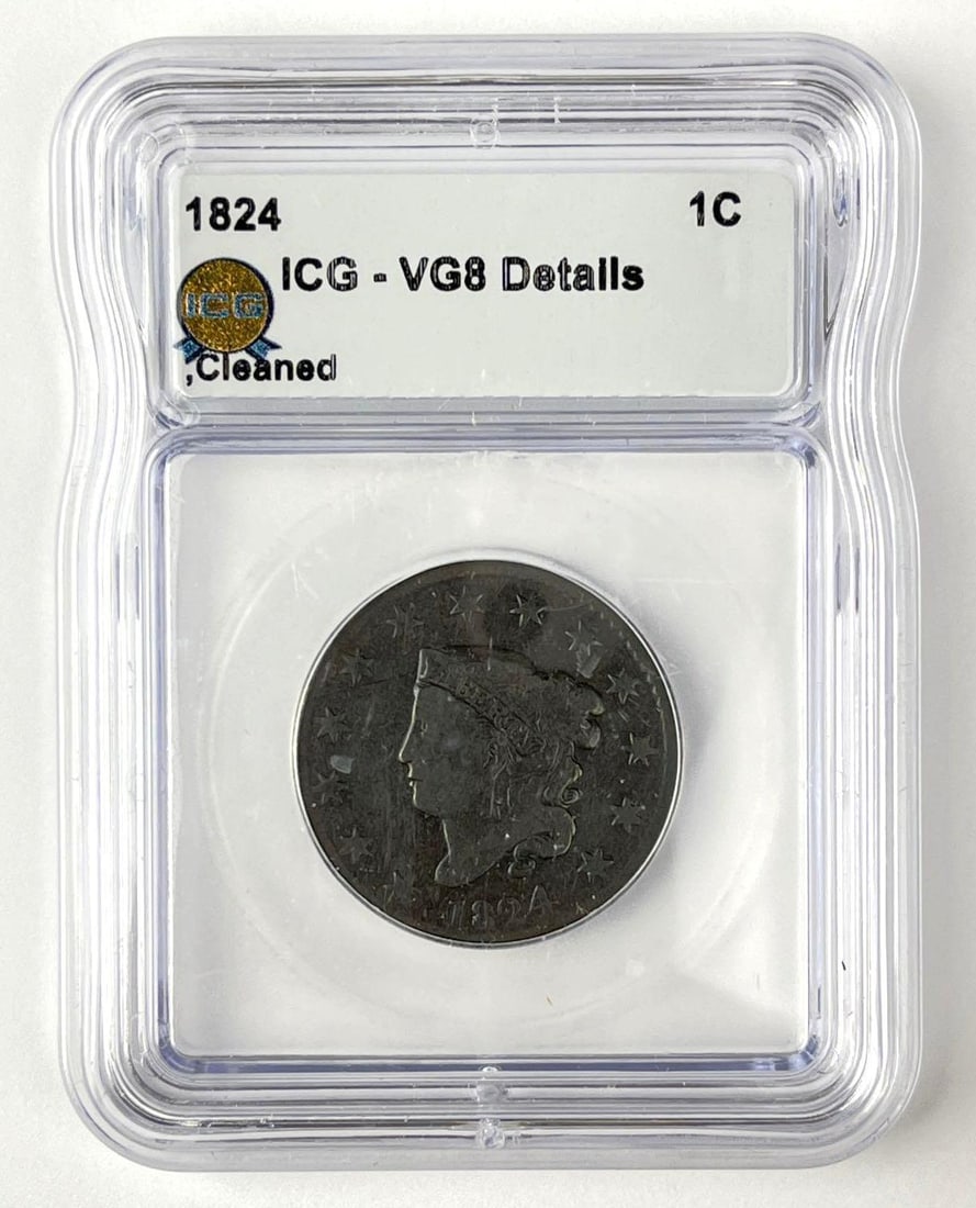 1824 US Coronet Large Head Cent ICG VG8 Details: 1824 US Coronet Large Head Cent ICG VG8 Details