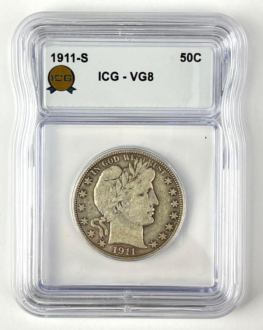 1911 S US Barber 90% Silver Half Dollar ICG VG8: 1911 S US Barber 90% Silver Half Dollar ICG VG8