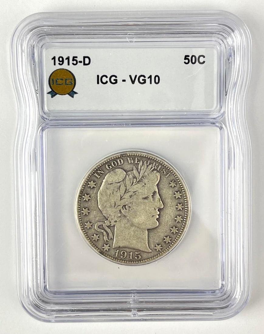 1915 D US Barber 90% Silver Half Dollar ICG VG10: 1915 D US Barber 90% Silver Half Dollar ICG VG10