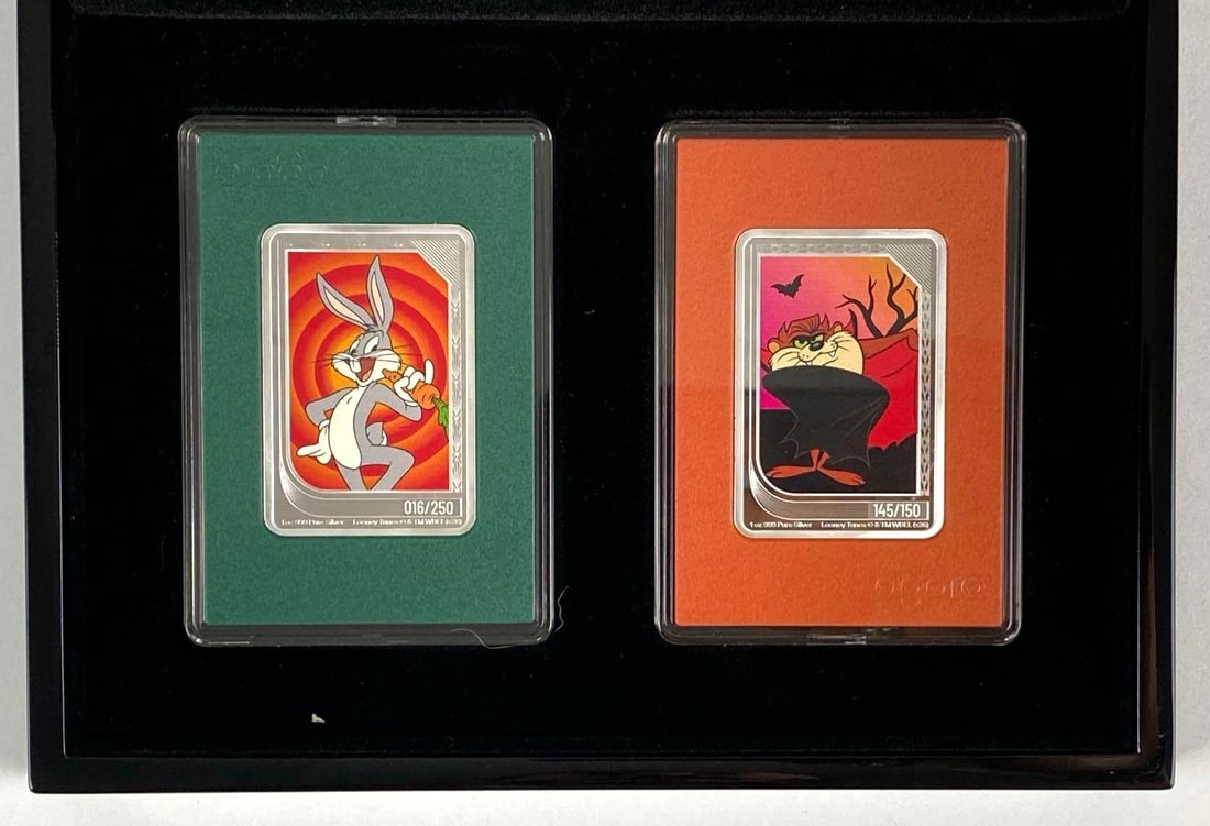 2026 Agoro Looney Tunes LE 999 Pure Silver Ingot/Bars: features a Limited edition No. 16 of 250 1 oz bugs bunny ingot/bar and 145 of 150 1oz Vampire Taz ingot/bar, in original box and display case with COA and Accessories