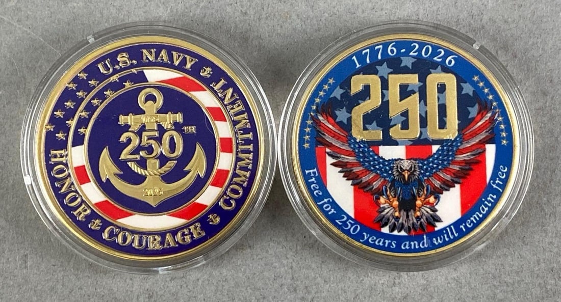 Group of 2 United States Challenge Coins: Includes US Navy and 250th anniversary
