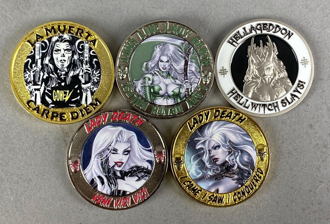 Group of 5 Coffin Comics LE Challenge Coins: Limited edition of 100 on each coin, includes Hallageddon and Lady Death
