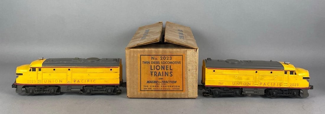 Lionel O Scale No. 2023 Union Pacific Twin Diesel Locomotive Set: Untested in original box, each locomotive measures 11 inches L