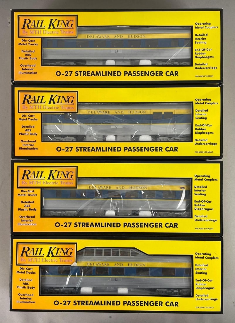 Group of 4 MTH Rail King O Scale Streamlined Passenger Cars: Delaware and Hudson, like new with original shipping box
