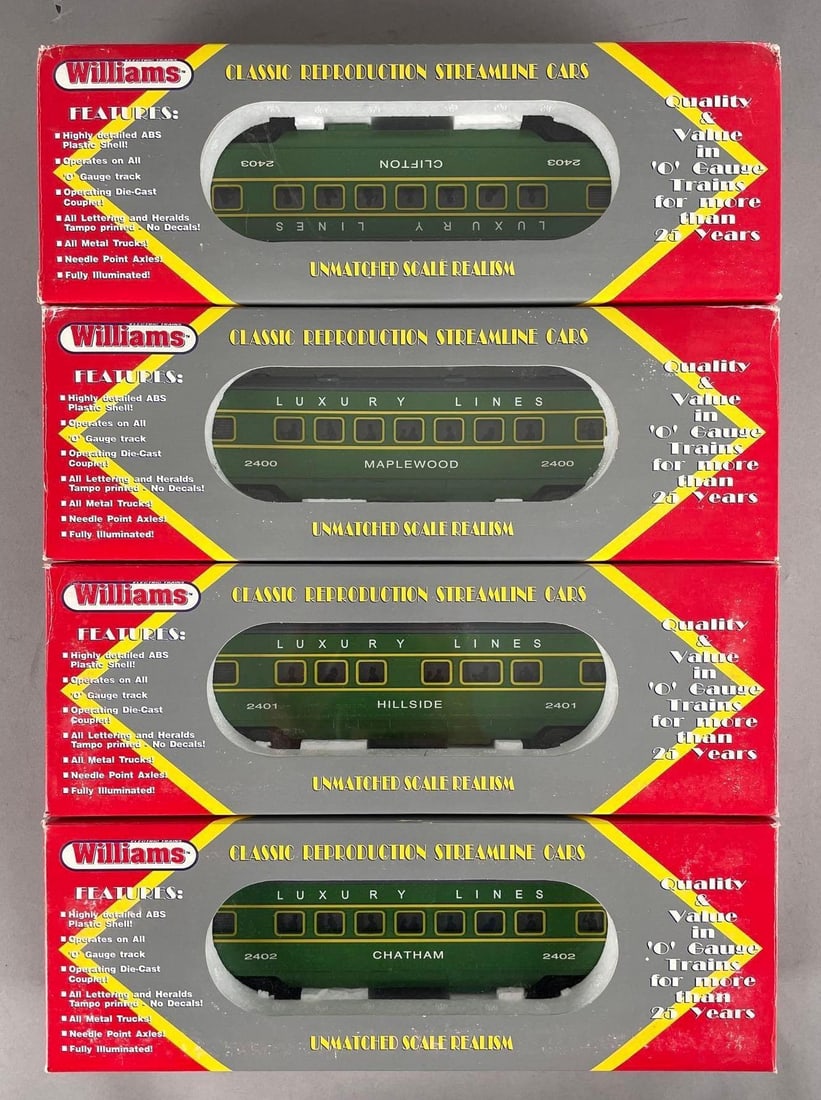 Group of 4 Williams O Scale Streamlined Passenger Cars: Luxury lines, includes original shipping box