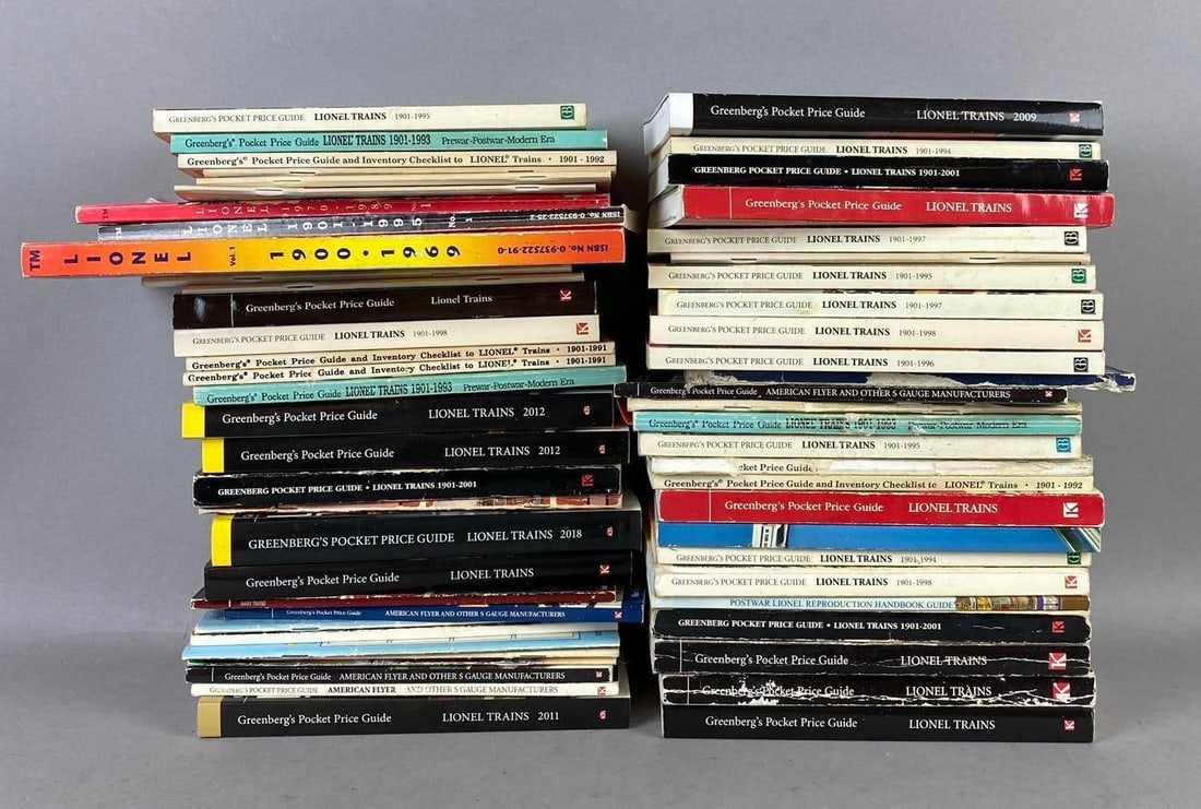 Group of 30+ Lionel Trains Greenbergs Pocket Price Guides: Circa 1990s-2000s. One measures 8 inches tall.