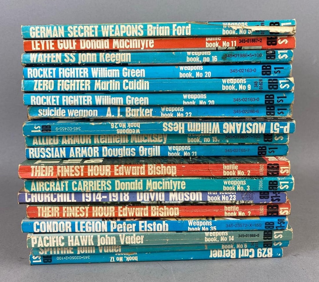 Group of Assorted 1960s Ballantines Illustrated History of WW2 Books: Includes Russian Armor, Pacific Hawk, and more. Rips and tears throughout. Largest measures L 8 1/2 x W 5 1/2 inches.