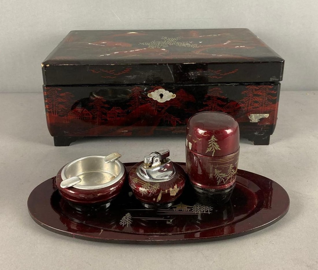 Group of Assorted Vintage 1960s Japan Lacquered Jewelry Box and More: chips throughout . Missing key. Box measures H 5 x W 8 1/2 x L 15 inches.