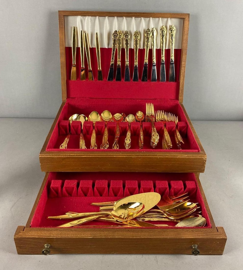 Vintage 1960s Utica Cut Co. Gold Tone Stainless Silverware Set: Includes other makers. Incomplete. Case measures H 5 x E 11 1/2 x L 15 inches.