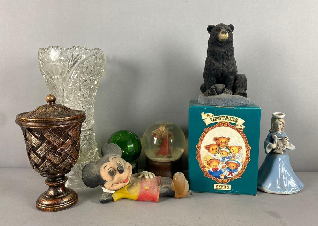 Group of Assorted Vintage Table Top Decor and More: Including Mickey Mouse, Snowglobe, and more. Largest measures 12 inches inches.