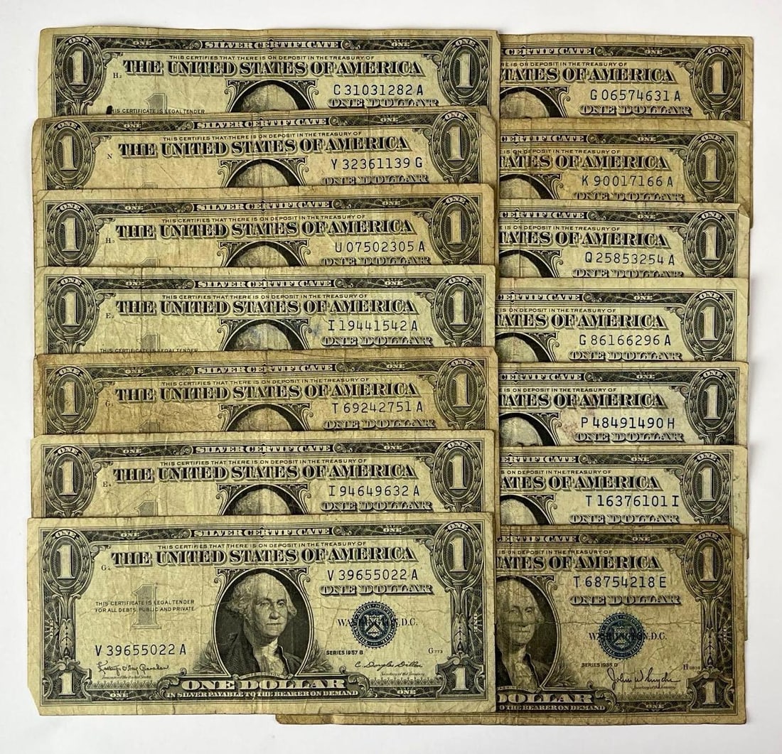 Group of 14 US $1 Blue Seal Silver Certificates: Group of 14 US $1 Blue Seal Silver Certificates