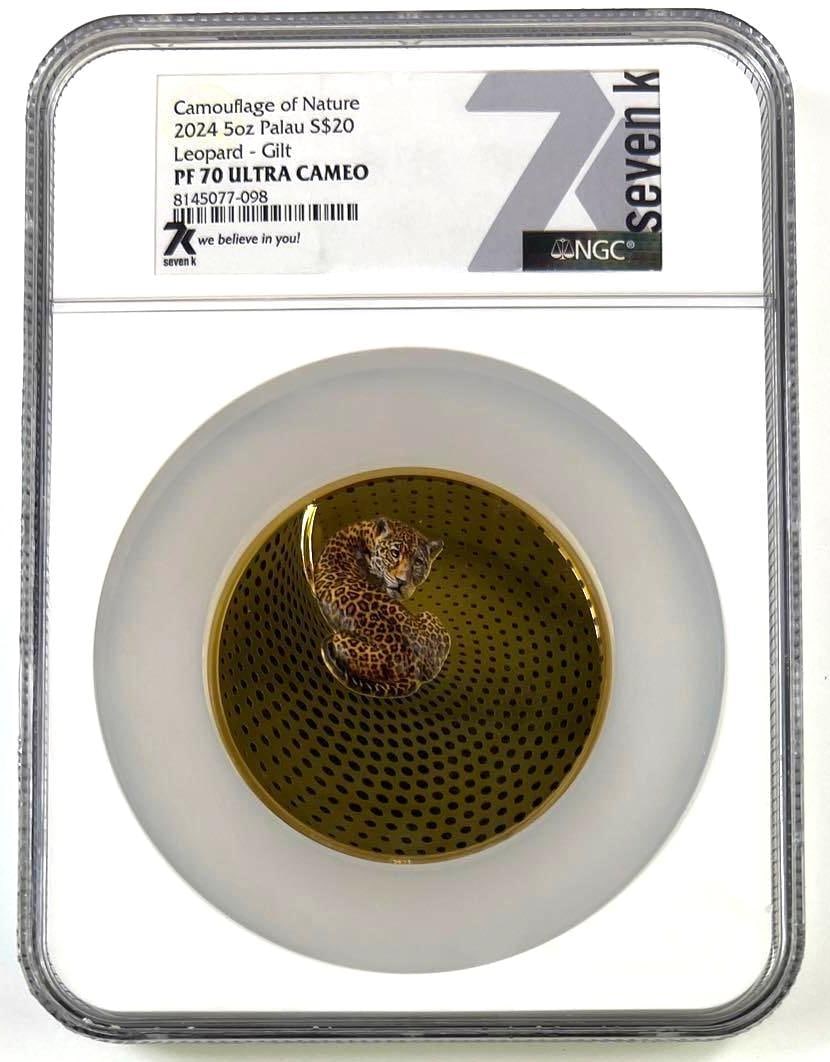 2024 Palau $20 Camouflage of Nature Leopard Gilt NGC PF70 Ultra Cameo 5 oz Silver Coin: 2024 Palau $20 Camouflage of Nature Leopard Gilt NGC PF70 Ultra Cameo 5 oz Silver Coin