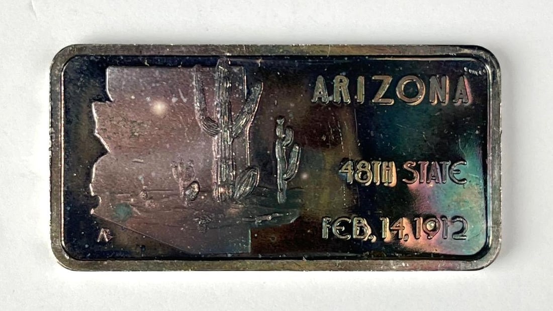 BEAUTIFUL RAINBOW TONING VINTAGE Hamilton Mint Arizona 1 oz .999 Fine Silver ingot/ Bar: BEAUTIFUL RAINBOW TONING VINTAGE Hamilton Mint Arizona 1 oz .999 Fine Silver ingot/ Bar