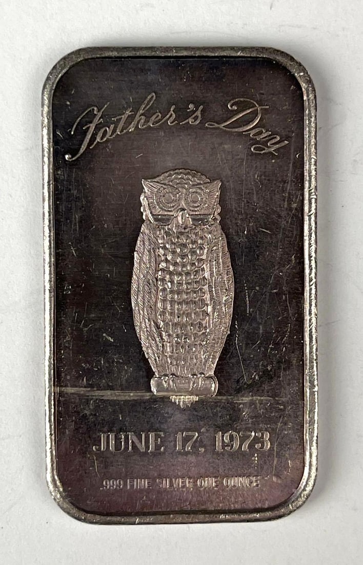 1973 Fathers Day Owl 1 oz .999 Fine Silver Ingot/ Bar: 1973 Fathers Day Owl 1 oz .999 Fine Silver Ingot/ Bar