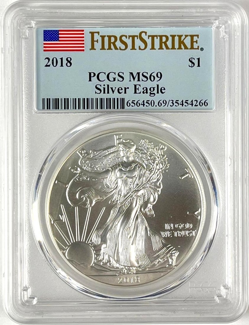 2018 US $1 American Silver Eagle 1 oz Fine Silver PCGS MS69 (1 of 2)