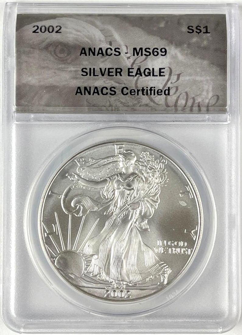 2002 US $1 American Silver Eagle 1 oz Fine Silver ANACS MS69: 2002 US $1 American Silver Eagle 1 oz Fine Silver ANACS MS69
