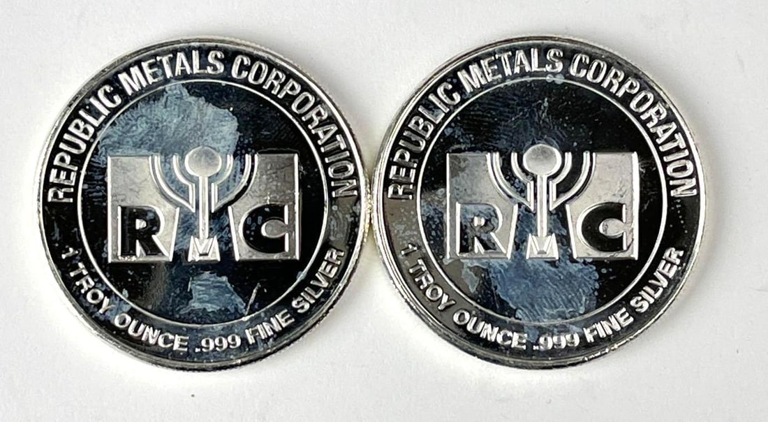 Group of 2 Republic Metals Corporation 1 oz .999 Fine Silver Rounds: Group of 2 Republic Metals Corporation 1 oz .999 Fine Silver Rounds