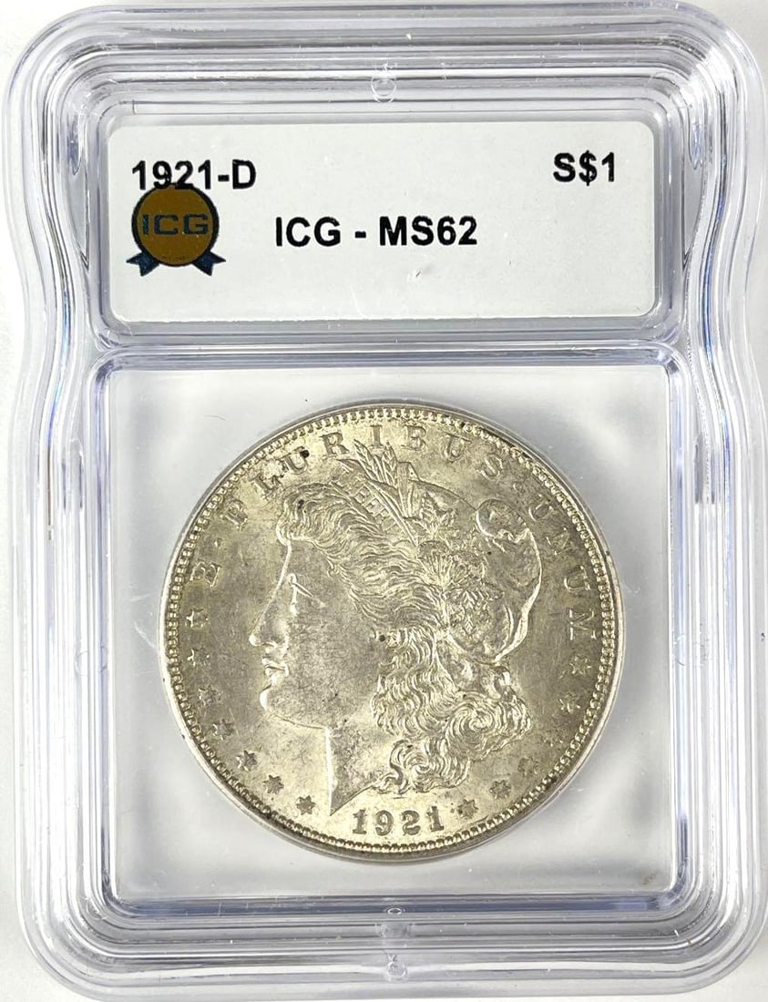 1921 D US Morgan Silver Dollar ICG MS62: 1921 D US Morgan Silver Dollar ICG MS62