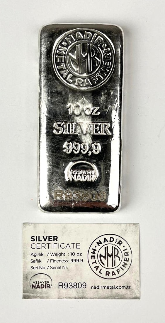 Nadir Metal Refineri 10 oz 999.9 Fine Silver Ingot/ Bar: Nadir Metal Refineri 10 oz 999.9 Fine Silver Ingot/ Bar
