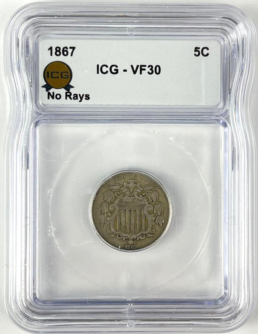 1867 US Shield Nickel ICG VF30: 1867 US Shield Nickel ICG VF30