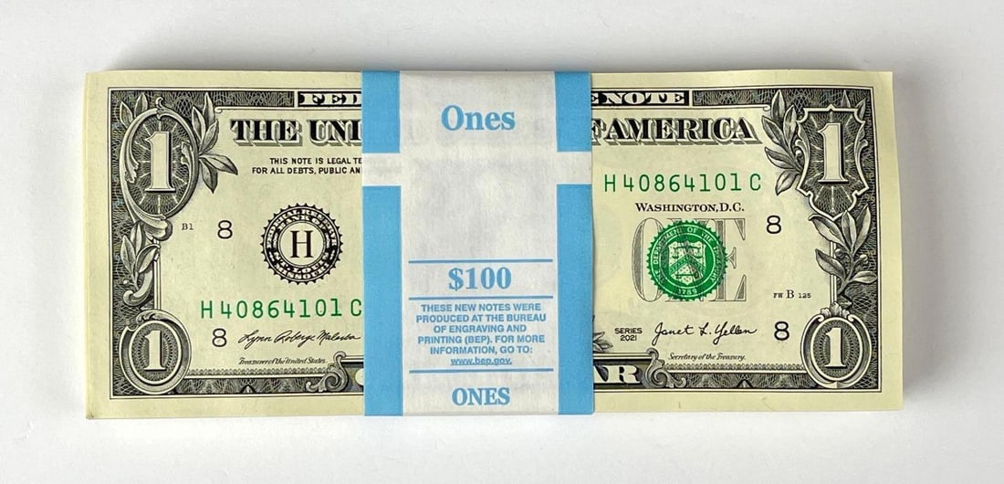 Group of 100 2021 US Mint $1 Consecutive Serial Numbered Bills (1 of 2)