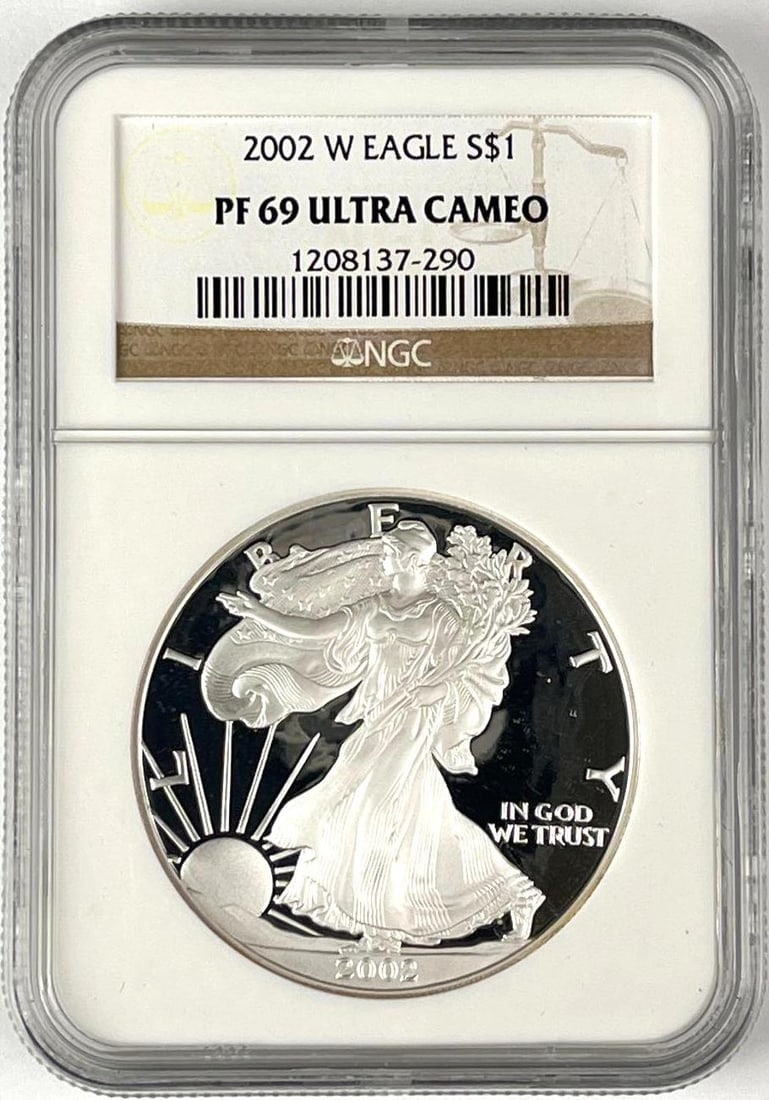 2002 W US $1 American Silver Eagle 1 oz Fine Silver Coin NGC PF69 Ultra Cameo: 2002 W US $1 American Silver Eagle 1 oz Fine Silver Coin NGC PF69 Ultra Cameo