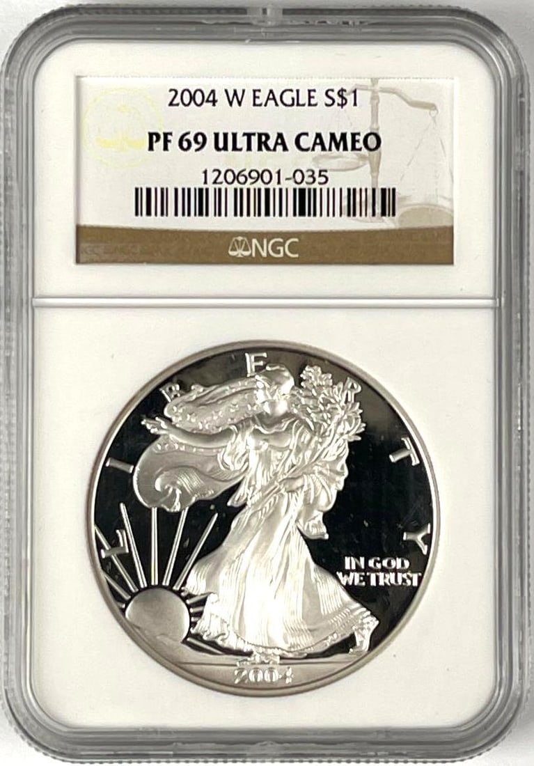 2004 W US $1 American Silver Eagle 1 oz Fine Silver Coin NGC PF69 Ultra Cameo: 2004 W US $1 American Silver Eagle 1 oz Fine Silver Coin NGC PF69 Ultra Cameo