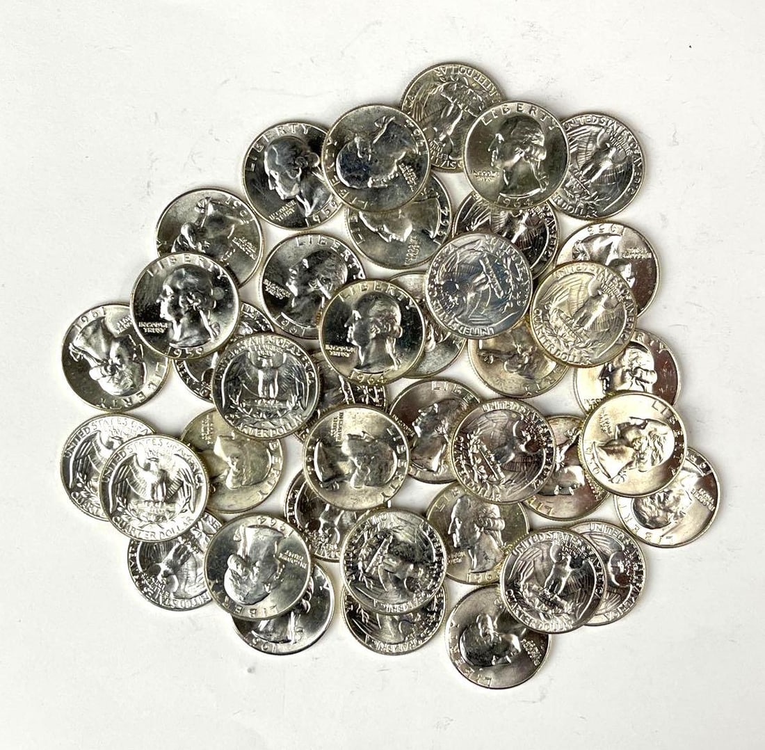 Group of 40 US Washington 90% Silver Quarters in a Roll (1 of 2)