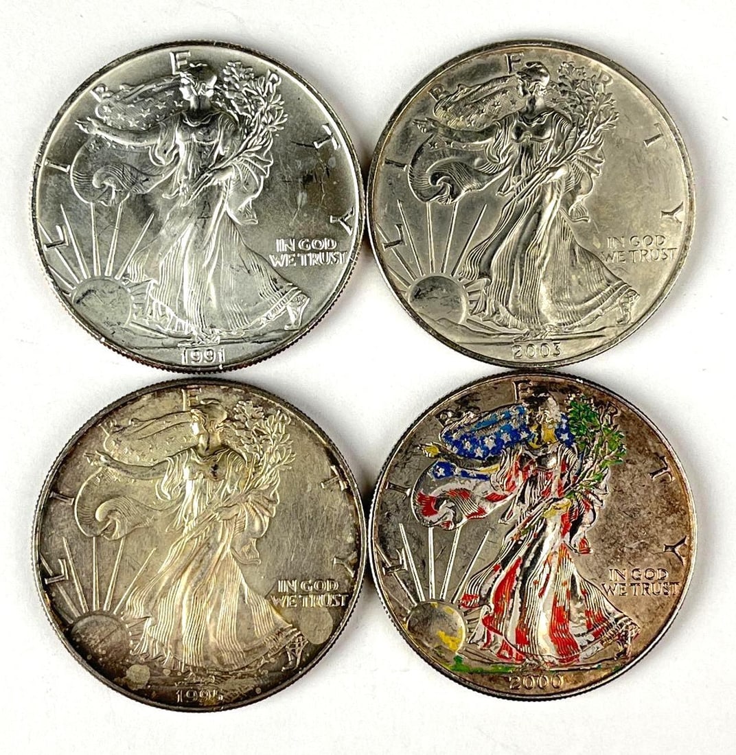 Group of 4 US $1 American Silver Eagles 1 oz Fine Silver Coins (1 of 2)